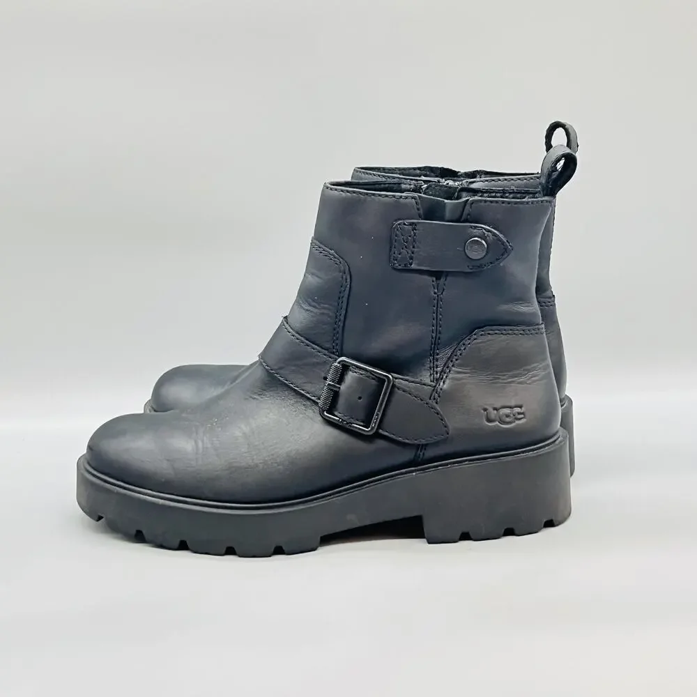 UGG Boots Womens 9 Black Leather Biker Ankle Buckle Zip Lug Sole Booties Shoes